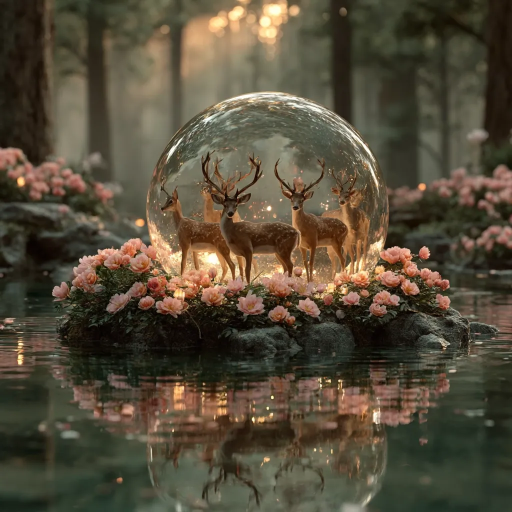 A whimsical scene depicts three deer nestled within a transparent sphere, situated on a small island adorned with delicate pink flowers. The island rests serenely on a calm, reflective pond, surrounded by a tranquil forest bathed in soft, golden light.  The overall atmosphere is ethereal and magical, suggesting a hidden, enchanted world.