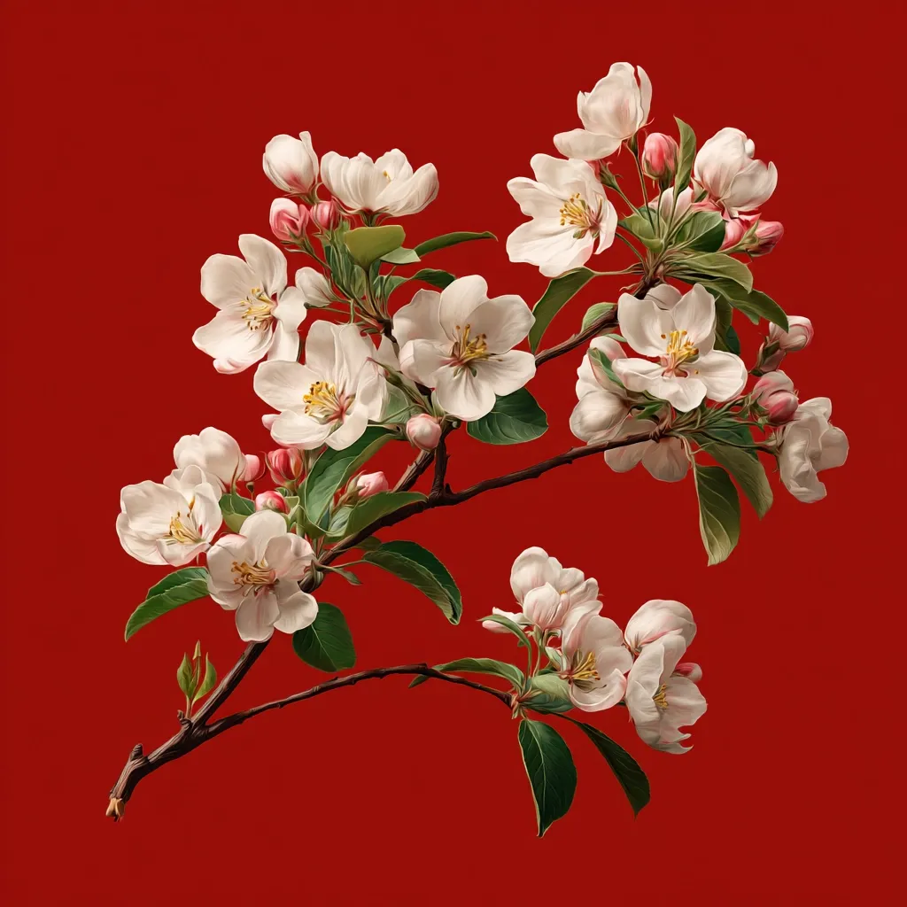 A branch of delicate white apple blossoms with pink buds is artfully displayed against a vibrant red backdrop.  The blossoms, rendered with exquisite detail, showcase their intricate petals and centers. The image evokes a sense of springtime freshness and beauty, highlighted by the contrast between the blossoms' soft hues and the rich red background.  The composition is balanced and aesthetically pleasing, creating a striking visual effect.