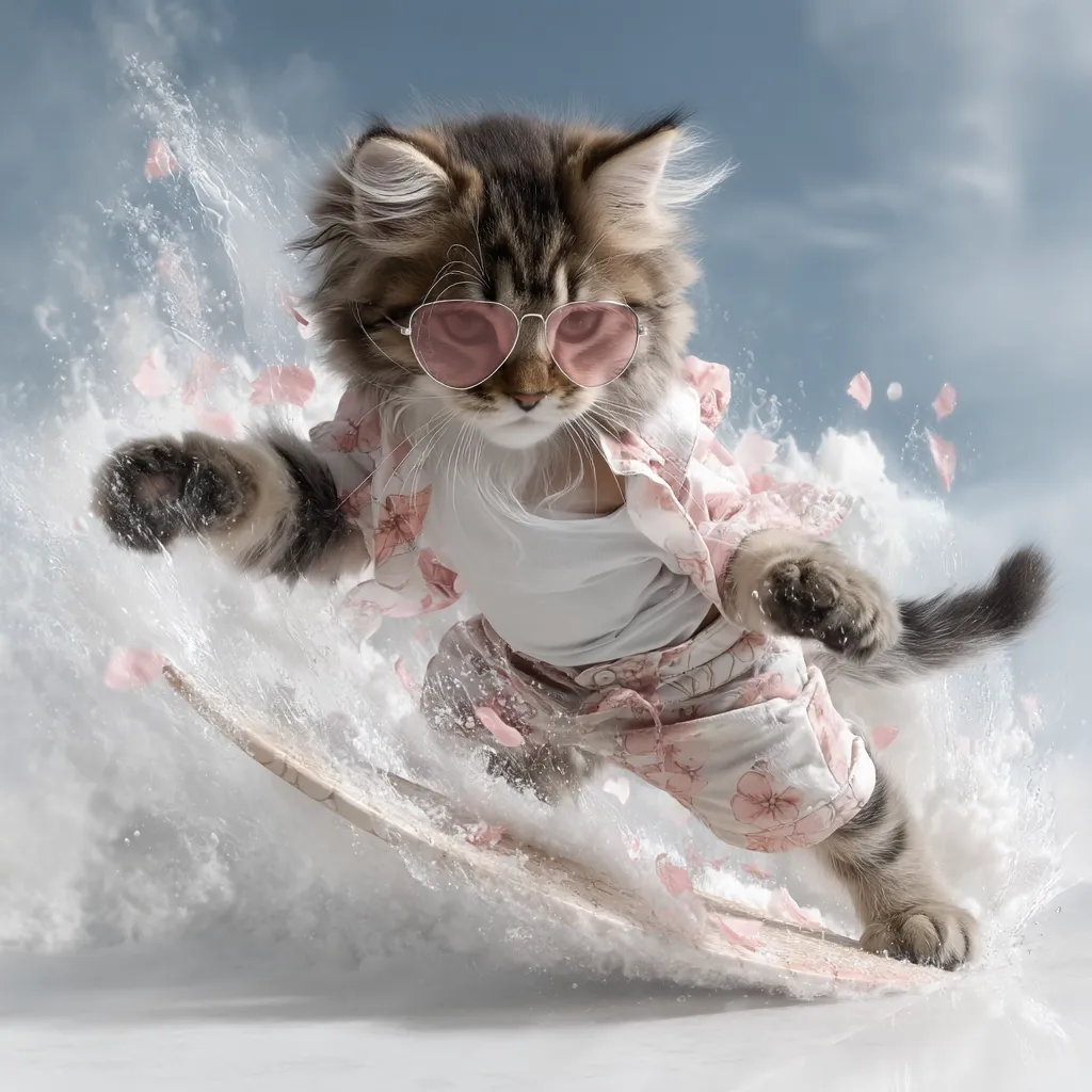 A fluffy long-haired cat, wearing pink heart-shaped sunglasses and a matching floral outfit, expertly rides a surfboard.  Water splashes around it as pink petals drift in the air, creating a whimsical and stylish scene. The cat's determined expression and skillful pose suggest a fearless and fashionable surfer.