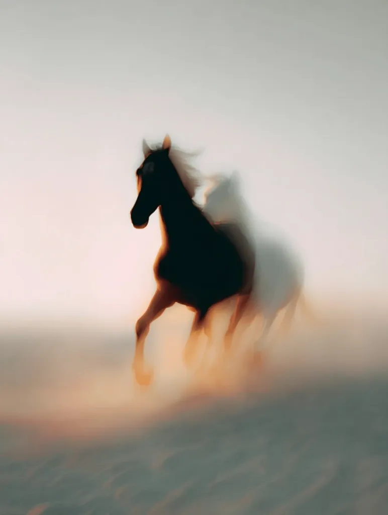 A dark horse runs across a light-colored landscape, its form blurred by motion and a hazy atmosphere. The setting sun casts a warm glow on the scene.  The horse's silhouette is prominent against the soft, muted background, creating a feeling of speed and freedom.  The overall effect is ethereal and dreamlike.