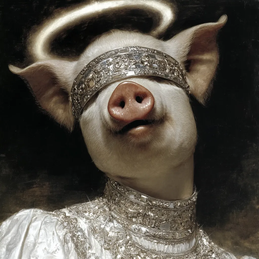 A painting depicts a pig adorned in ornate silver jewelry, including a blindfold and a wide collar.  A halo-like glow encircles its head. The pig's expression is serene, creating a surreal and somewhat humorous juxtaposition of animal and aristocratic attire. The dark background emphasizes the pig's pale skin and the metallic gleam of the accessories. The style is reminiscent of classical portraiture, but with a contemporary, ironic twist.