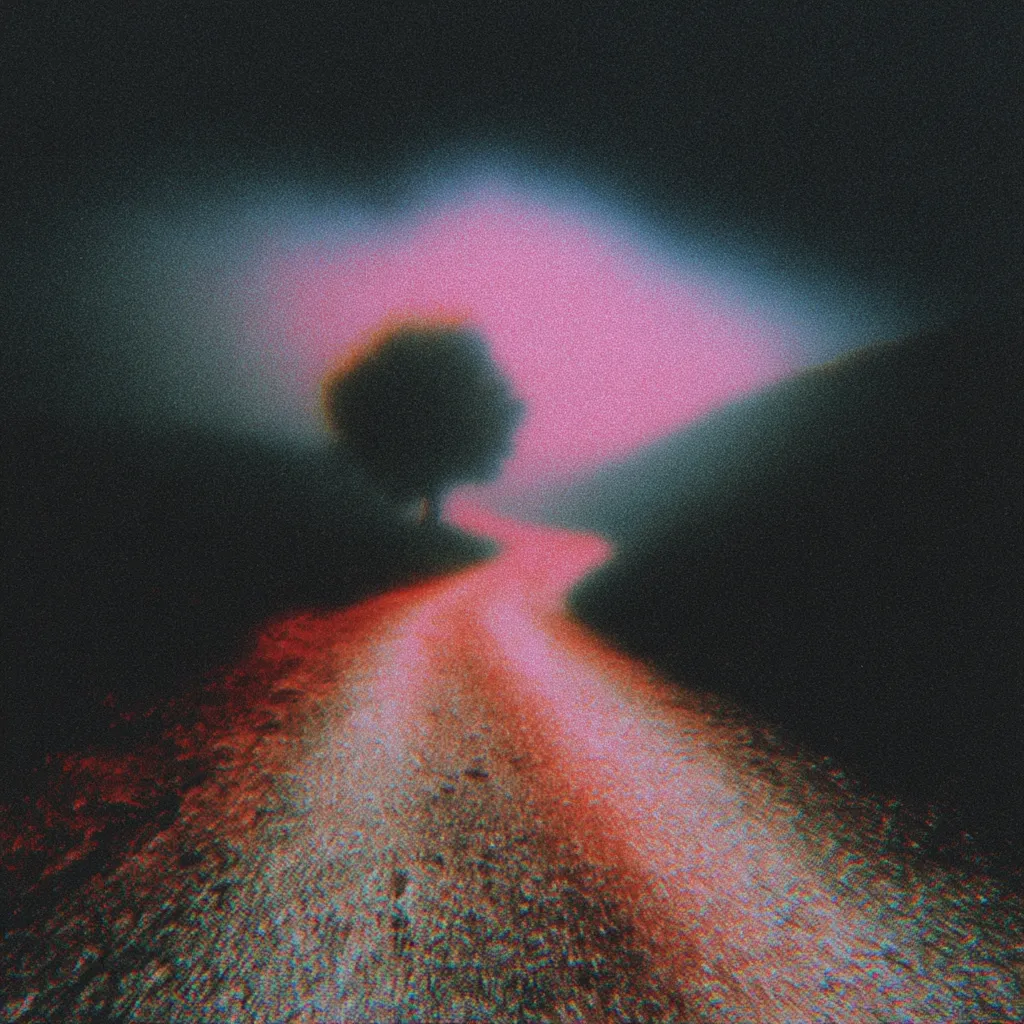 A stylized image depicts a lone tree silhouetted against a hazy, pink-tinged sky.  A dirt road, rendered with a grainy, almost glitched texture, leads towards the tree and the ethereal glow. The overall effect is dreamlike and slightly surreal, with dark, muted tones surrounding the vibrant central area.  The colors are saturated and unnatural, enhancing the image's otherworldly atmosphere.