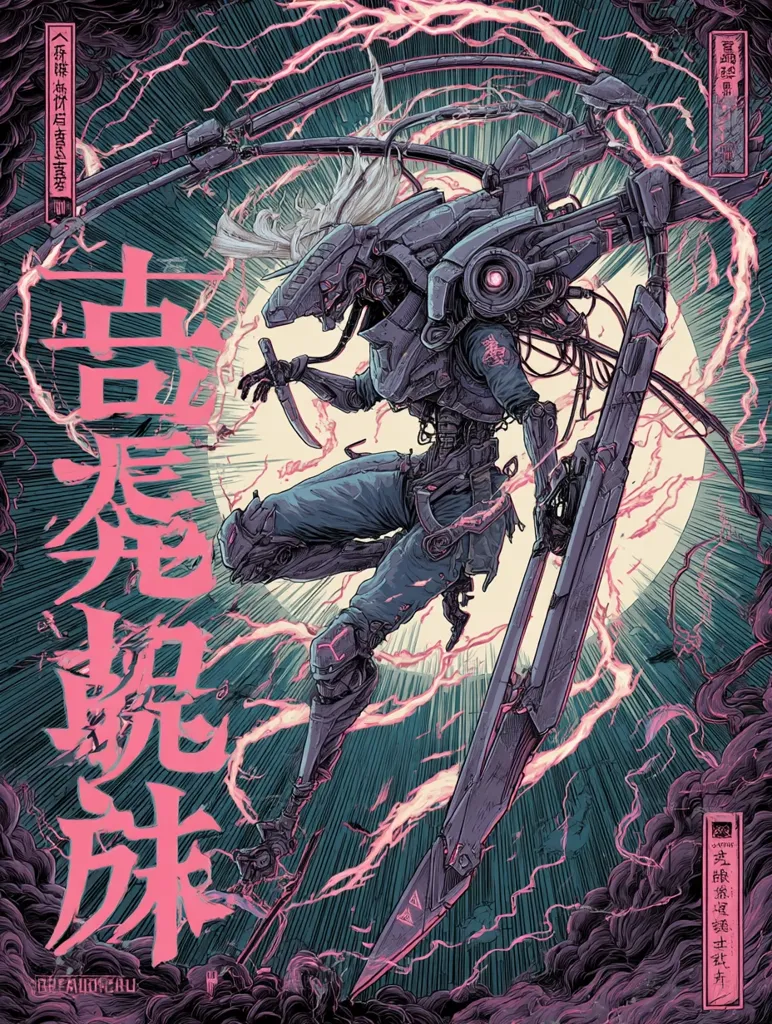 A cyberpunk-styled illustration depicts a robotic female warrior, clad in gray and blue armor, wielding two large, bladed weapons.  Her long, white hair flows behind her as she leaps through the air, surrounded by pink energy blasts.  The background is dark and moody, with Japanese kanji characters adding to the artistic style. The overall aesthetic blends futuristic technology with traditional Japanese art.