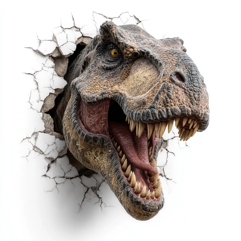 A fearsome Tyrannosaurus Rex head bursts through a cracked white wall.  Its mouth is open, revealing sharp teeth and a pink tongue. The dinosaur's skin is textured and realistically rendered, showing details like scales and coloration. The contrast between the ferocious dinosaur and the plain background creates a dramatic and impactful image.