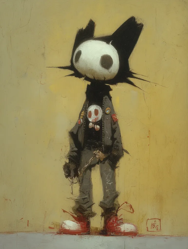 A stylized illustration depicts a feline-like character with a skull-like face, dressed in a dark jacket and pants.  The character holds a chain, and a smaller skull-like figure is visible on its chest. The artwork is painted in a rough, textured style with muted yellow and brown tones, creating a gritty, somewhat melancholic atmosphere. The character's shoes are brightly colored, contrasting with the overall palette.