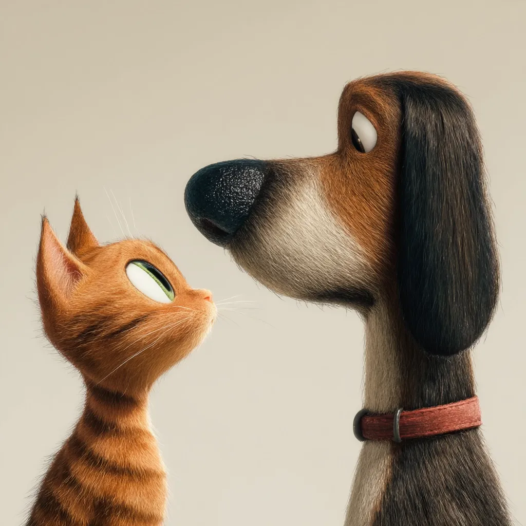 A ginger kitten and a brown and black dog face each other, their heads tilted slightly.  The dog, with floppy ears and a reddish-brown coat, wears a maroon collar. The kitten's fur is detailed, showcasing its orange and brown stripes.  Both animals appear to be rendered in a stylized, almost cartoonish 3D animation style.  The background is a plain, light beige.