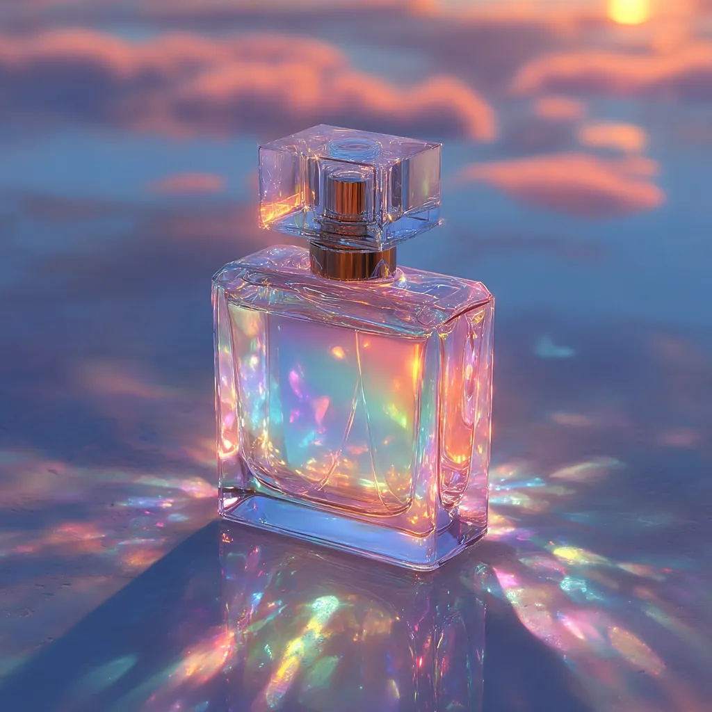A rectangular glass perfume bottle sits on a reflective surface, bathed in iridescent light. The pastel-colored background suggests a sunset or sunrise.  The bottle's contents shimmer with rainbow hues, creating a magical, ethereal atmosphere.  The light refracts and reflects, casting vibrant colors onto the surface below.