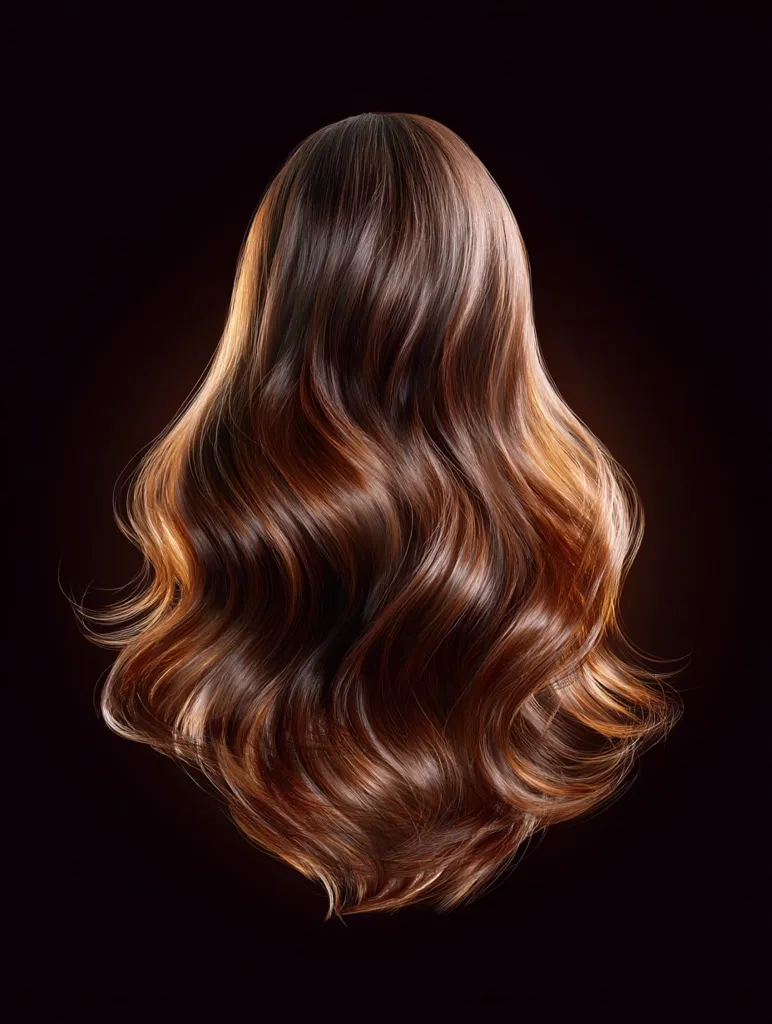 A rear view of long, luxurious, wavy brown hair cascading against a black background.  The hair is styled with soft, flowing curls, showcasing its shine and healthy texture.  Highlights subtly add depth and dimension to the rich brown color.  The image focuses on the beauty and health of the hair itself.