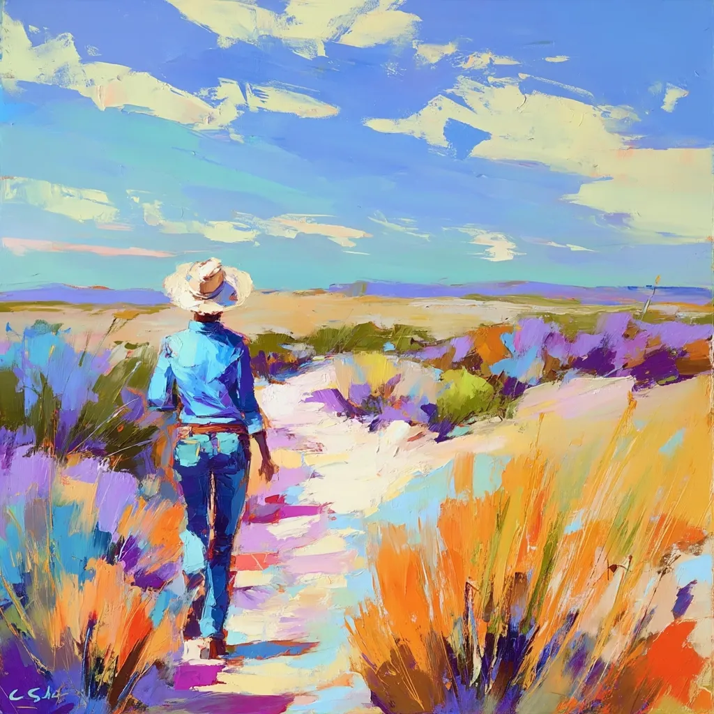 A vibrant impasto painting depicts a lone figure, wearing a blue shirt and jeans and a straw hat, walking down a sunlit path. The path winds through a landscape of colorful, stylized brushstrokes suggesting wildflowers and grasses under a bright blue sky with fluffy clouds. The artist uses bold colors and expressive brushwork to create a feeling of warmth, freedom, and serene movement.