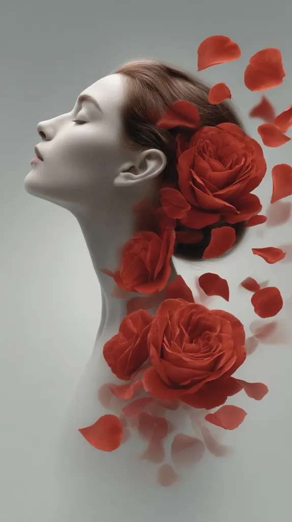 A serene portrait features a woman with closed eyes, her face and neck adorned with vibrant red roses and scattered petals.  Her reddish-brown hair blends seamlessly with the blossoms, creating a harmonious blend of beauty and nature. The pale skin contrasts beautifully against the rich color of the flowers, evoking a sense of tranquility and ethereal elegance. The soft lighting and muted background enhance the image's dreamy atmosphere.