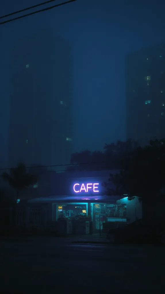A neon-lit "CAFE" sign glows vibrantly against a dark, foggy cityscape at night.  Tall buildings loom in the background, shrouded in mist.  The cafe itself is dimly lit, its interior barely visible through the large windows.  The overall atmosphere is moody and atmospheric, with a strong sense of solitude and mystery.