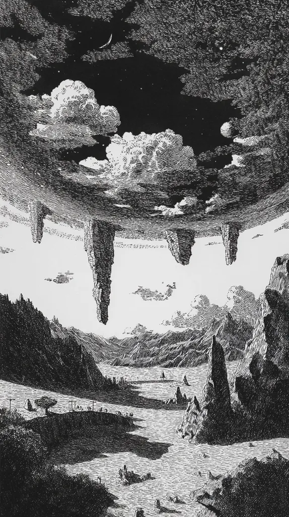 A black and white pen and ink drawing depicts a surreal landscape.  The sky, filled with clouds and a crescent moon, appears inverted, hanging below a mountainous, rocky terrain.  Tall, slender rock formations hang down from the inverted sky, resembling stalactites.  The scene is meticulously detailed, creating a dramatic contrast between the dark, textured sky and the lighter, seemingly calm valley below.  A sense of unsettling wonder permeates the artwork.