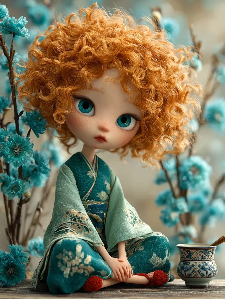 A meticulously crafted doll, possessing vibrant ginger curls, is captured in a serene pose.  She's adorned in a teal kimono, richly detailed with ornate floral patterns, and sits cross-legged.  The doll's large, expressive eyes and delicate features exude a charming innocence.  A small, blue and white teacup sits beside her, adding to the tranquil scene amidst a backdrop of delicate blue blossoms.