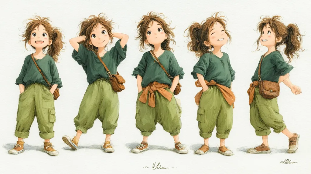 Five illustrations depict a charming girl in various poses. She wears a green shirt, olive cargo pants, and brown shoes, accessorized with a small brown satchel.  Her brown hair is styled differently in each image, showcasing her playful personality.  The artwork is soft and whimsical, with a painterly style.