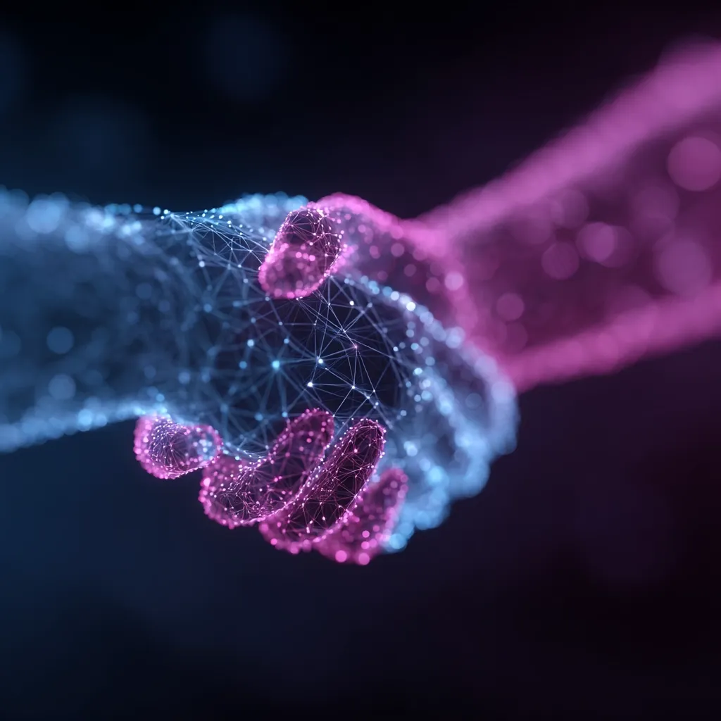 A digital rendering depicts two hands shaking, formed from interconnected nodes of light.  One hand glows blue, the other pink, creating a visually striking contrast. The image suggests connection, collaboration, or partnership in a futuristic or technological context. The dark background emphasizes the luminescent hands, highlighting the intricate network of points.