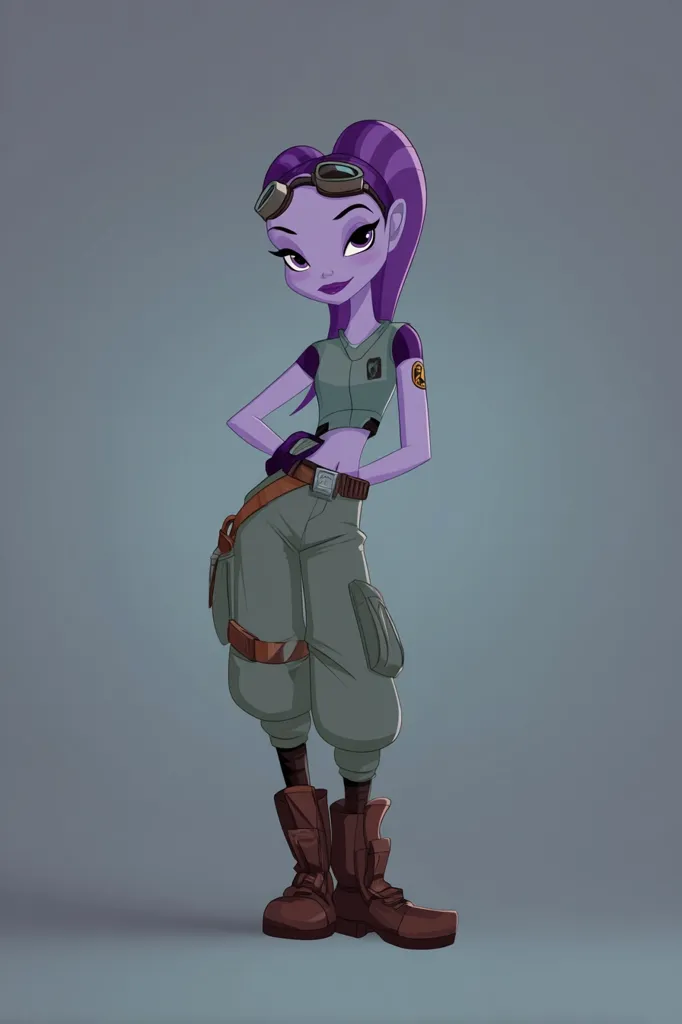 A stylized female cartoon character with purple skin and hair, wearing aviator goggles, a cropped military-style shirt, cargo pants, and brown boots, stands confidently with her hands on her hips.  Her attire suggests a mechanic or adventurer. The overall style is reminiscent of animation or graphic novels. The background is a muted grey.