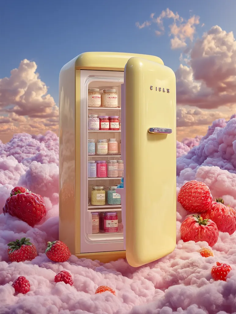 A pastel yellow retro refrigerator, filled with jars of colorful treats, sits open amidst fluffy pink clouds and scattered strawberries.  The whimsical scene evokes a dreamy, surreal atmosphere.  The jars are neatly arranged on the shelves, adding to the overall sense of playful order within the fantastical setting.