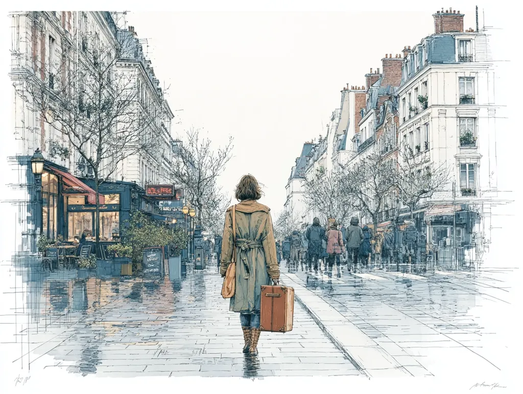A woman with a vintage suitcase walks down a rain-slicked Parisian street.  The scene is rendered in a detailed, almost sketched style, showcasing the architecture of classic Parisian buildings lining the street.  Bare trees and a muted color palette create an atmospheric, melancholic mood.  Other pedestrians are visible in the distance, but the woman is the focal point, her back turned to the viewer, suggesting a journey or departure.