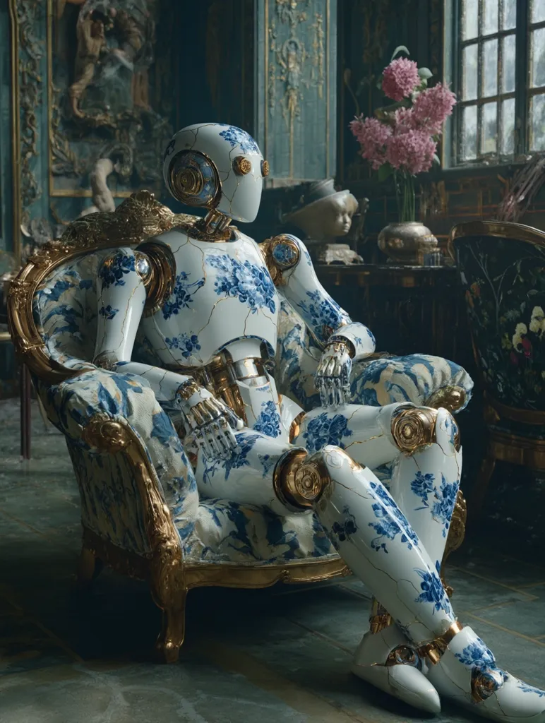 A porcelain-like robot, adorned with intricate blue and white floral patterns, sits relaxed in an ornate gold and floral armchair. The robot's design blends antique aesthetics with robotic mechanics, its joints and gears visible beneath the delicate porcelain exterior.  The scene is set in a lavish, dimly lit room with rich textures and muted colors, creating a mood of quiet elegance and subtle contrast between the old and the new.  A vase of pink hydrangeas adds a touch of vibrant color.