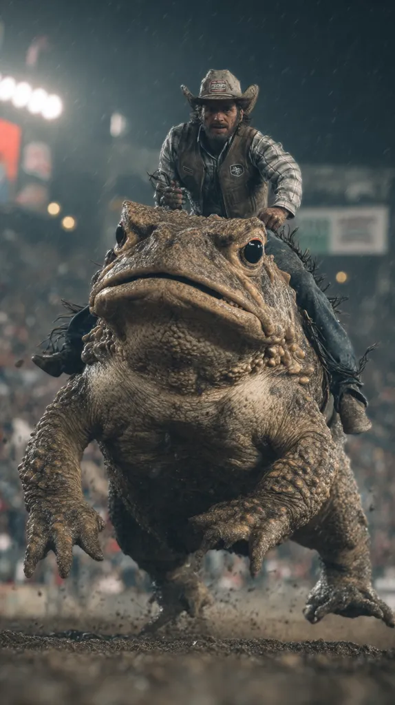 A cowboy in a weathered hat and vest rides a massive, muddy toad in a stadium.  The toad is powerfully built, its skin textured and rough. The scene is dramatic, with blurred spectators and stadium lights visible in the background, suggesting a nighttime rodeo or spectacle. Rain or mud splashes around the toad's feet. The image is surreal and fantastical.