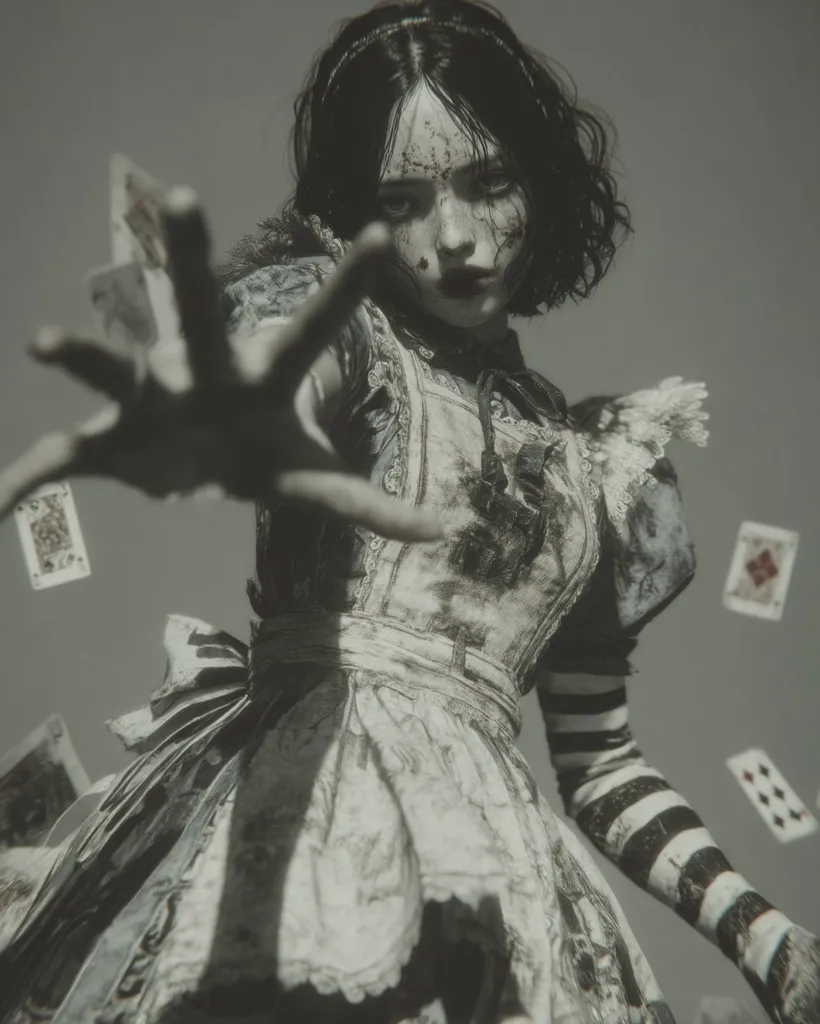 A stylized image depicts a young woman, resembling Alice from Alice in Wonderland, in a dirty, tattered dress.  Her expression is dark and intense, her hand outstretched towards the viewer. Playing cards float around her, adding to the surreal and unsettling atmosphere. The monochromatic palette and gritty texture enhance the image's macabre quality.  She appears distressed and possibly menacing.