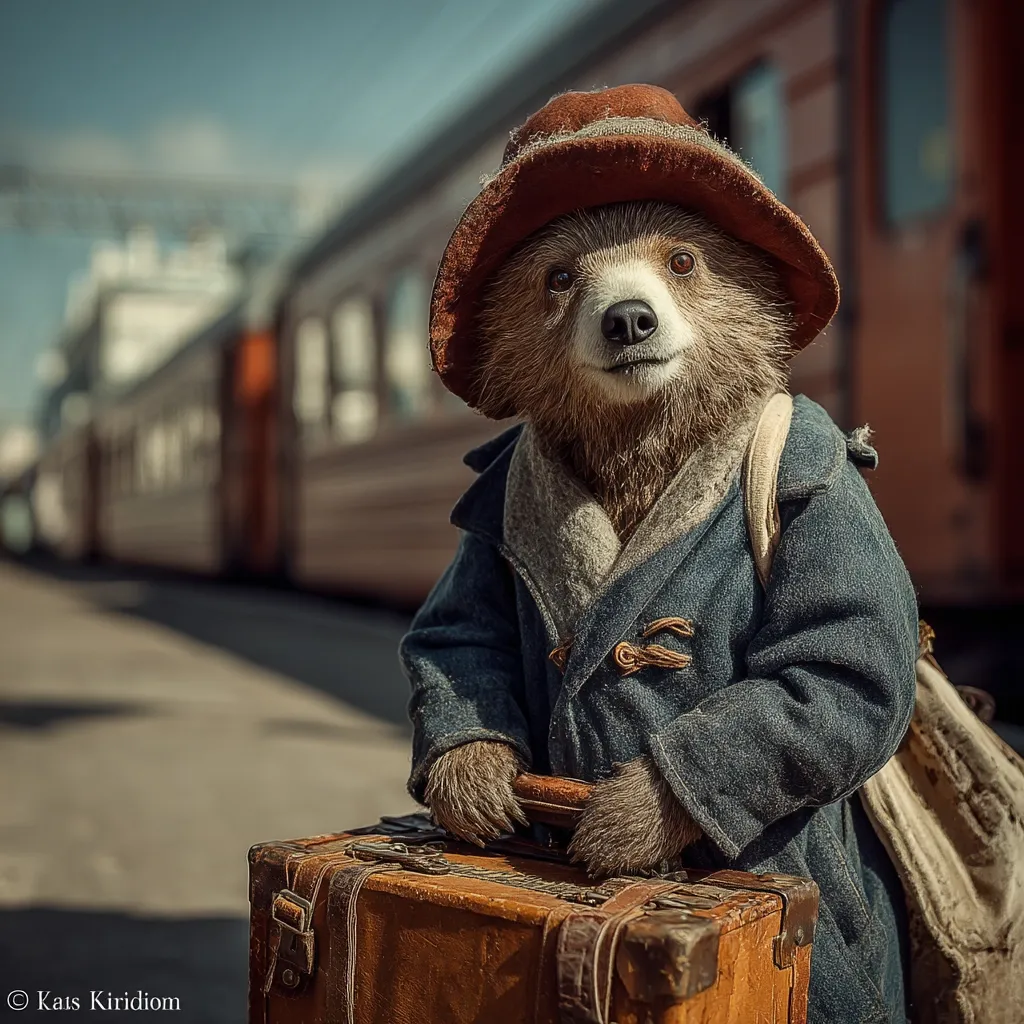 A charming bear, dressed in a blue coat and brown hat, stands at a train station with a vintage suitcase.  He looks directly at the camera, his expression thoughtful and endearing. The blurred background features a long, brown train, suggesting a journey ahead.  The image evokes a sense of adventure and nostalgia.