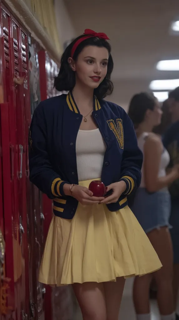 A young woman with dark bobbed hair and a red headband stands in a school hallway. She wears a navy blue varsity jacket with yellow stripes, a white tank top, and a pleated yellow skirt.  She holds a red apple.  Red lockers are visible behind her, and other students are blurred in the background. The overall aesthetic is reminiscent of a modern take on Snow White.