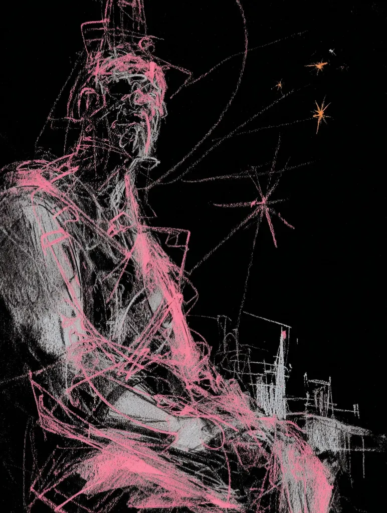An abstract portrait, rendered in shades of pink and gray against a black background.  The figure, possibly a man in a hat, is depicted with gestural strokes, suggesting movement and emotion.  A cityscape or distant structures are hinted at in the background, along with what looks like stylized stars or light trails. The overall style is expressive and evocative, more concerned with capturing feeling than precise detail.