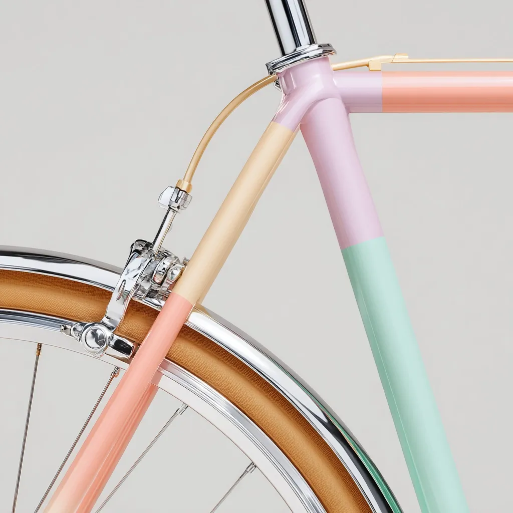 Close-up detail of a pastel-colored bicycle frame. The frame is painted in sections of peach, light pink, and mint green, with polished chrome accents on the handlebars, fork, and fenders.  A classic-style caliper brake is visible, attached to the front wheel with a tan-colored tire. The overall aesthetic is stylish and minimalist.