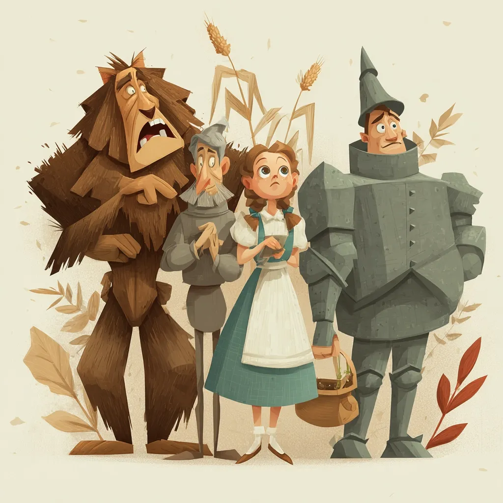 A stylized illustration depicts Dorothy and her companions from "The Wizard of Oz."  The Cowardly Lion, Scarecrow, Tin Man, and Dorothy stand together, each rendered in a cartoonish, textured style.  The background features muted earth tones and simple plant elements.  The characters' expressions convey a sense of anticipation or concern.