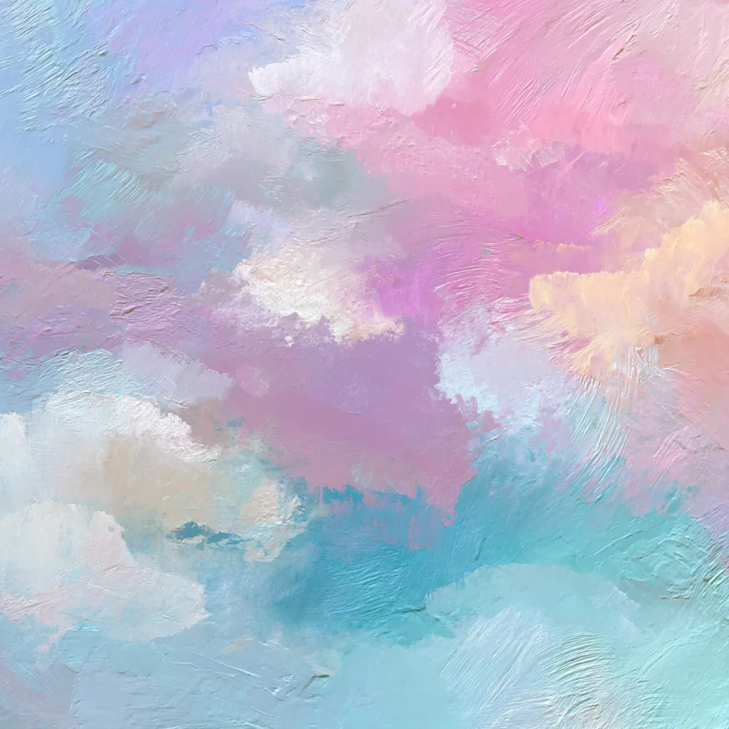 This abstract painting evokes a dreamy, pastel sky.  Soft, visible brushstrokes create fluffy clouds in shades of pale pink, lavender, teal, and white. The texture is thick and impasto, giving a sense of depth and movement to the celestial scene.  The overall effect is serene and calming, a gentle blend of colors reminiscent of a sunrise or sunset.