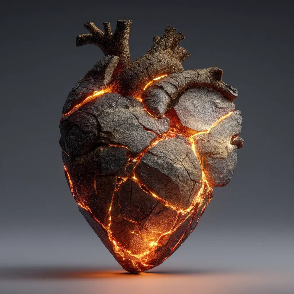A 3D rendering depicts a stone heart, fractured and broken, with glowing orange light emanating from the cracks within.  The heart's anatomy is visible through the fragmented stone, creating a dramatic contrast between the solid, seemingly lifeless exterior and the fiery inner light.  The image evokes a powerful sense of internal struggle or intense emotion.