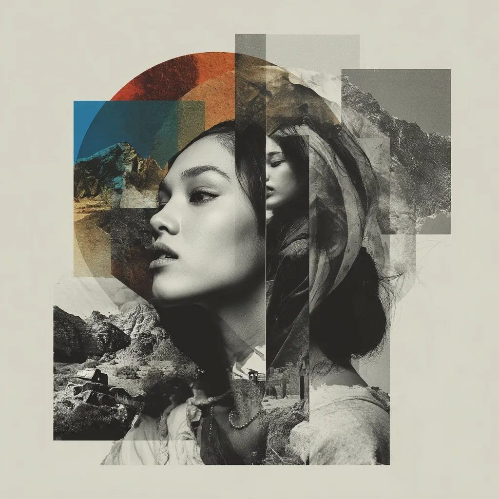 A striking monochromatic collage features a woman's face, partially obscured by textured layers and fragments of landscapes.  Geometric shapes frame sections of mountainous terrain and desert scenes, creating a surreal and dreamlike effect.  The woman's expression is serene, juxtaposed against the rugged beauty of the natural world incorporated into the artwork.  The overall style is artistic and evocative, blending portraiture with abstract landscape elements.