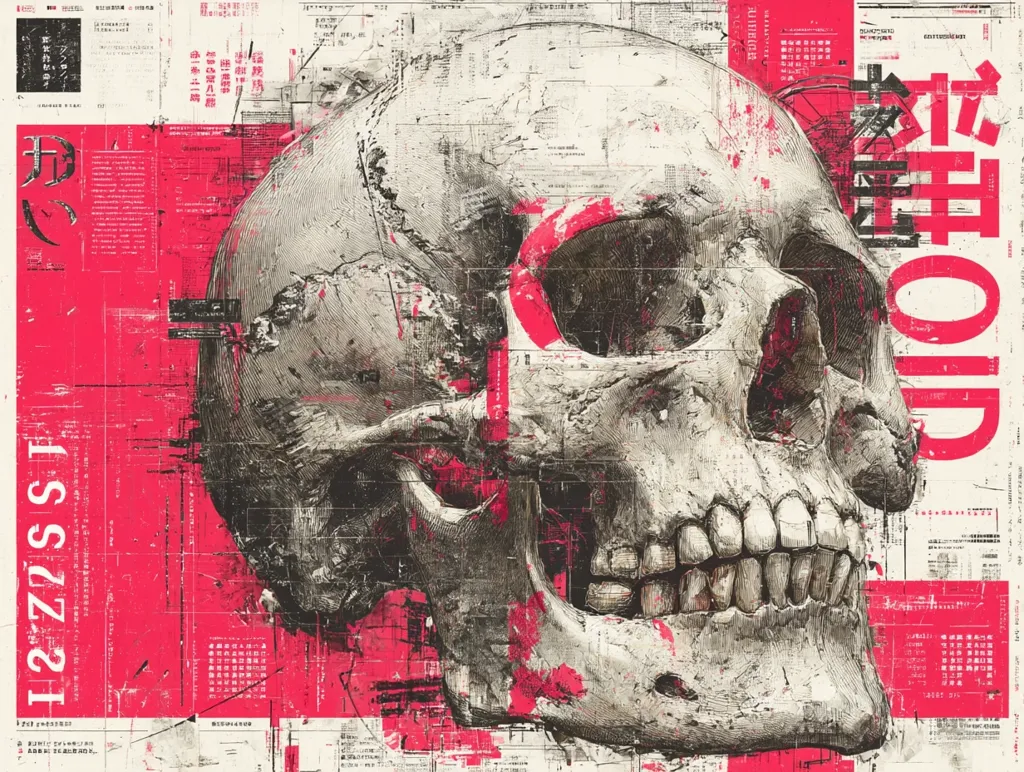 A detailed illustration of a human skull dominates the artwork, rendered in grayscale with a textured, almost three-dimensional appearance.  The skull is overlaid on a vibrant pink and red background featuring fragmented text and technical diagrams, creating a collage effect.  The juxtaposition of the realistic skull with the abstract background suggests themes of mortality, memory, and the passage of time.  Japanese characters are also visible within the design.
