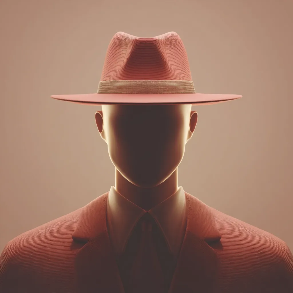 A faceless figure, clad in a coral-colored suit and matching fedora, stands against a muted background.  The anonymity of the figure is emphasized by the lack of facial features, creating a sense of mystery and intrigue. The monochromatic color palette and soft lighting contribute to the image's overall enigmatic mood.