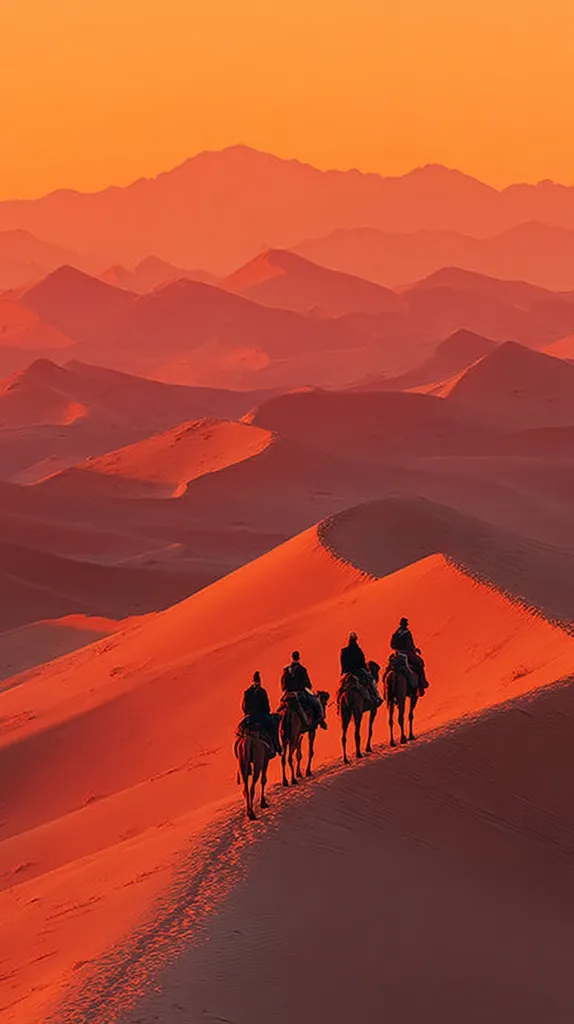 A breathtaking sunset casts a fiery orange glow over rolling sand dunes.  Silhouetted against this vibrant backdrop, a caravan of four camels, each carrying a rider, slowly ascends a dune. The scene evokes a sense of adventure and the vastness of the desert landscape.  Distant mountains are visible on the horizon, adding depth to the composition.