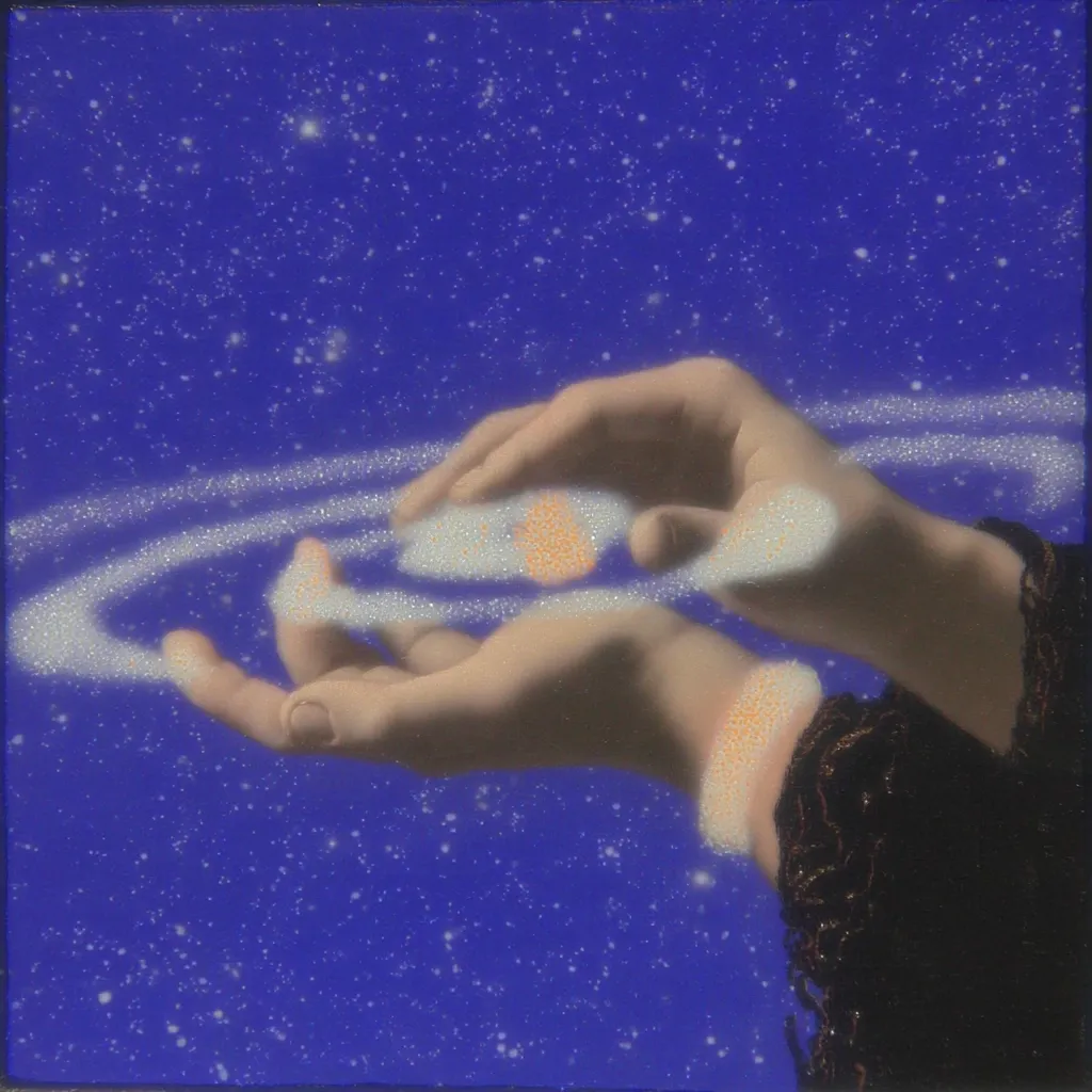 Two hands gently cradle a miniature spiral galaxy against a dark blue, star-studded backdrop. The galaxy, rendered in swirling whites and oranges, appears ethereal and delicate within the palms.  The hands are realistically depicted, contrasting the fantastical cosmic element. The overall effect is surreal and evokes a sense of wonder and the vastness of space.