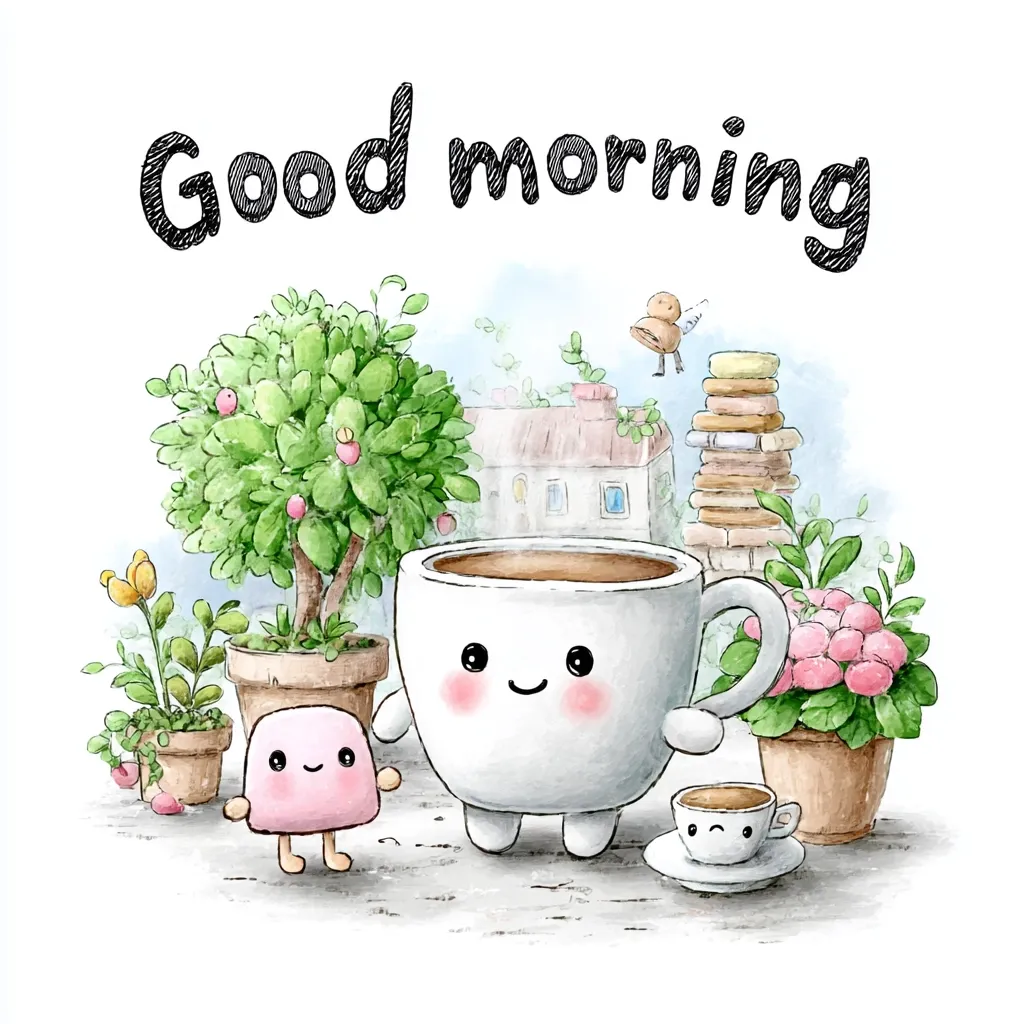 A watercolor illustration depicts a cheerful morning scene.  A cute, anthropomorphic coffee mug with a happy face stands next to a small pink character.  They are surrounded by potted plants and a stack of books, with a charming little house in the background.  The words "Good morning" are written above.  The style is whimsical and sweet, ideal for a greeting card or similar.