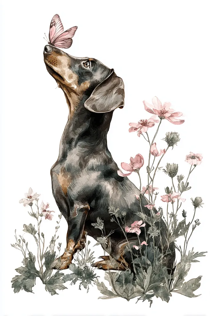 A watercolor painting depicts a dachshund sitting amidst a delicate arrangement of wildflowers and greenery. The dog gazes upward, seemingly captivated by a pink butterfly delicately perched near its nose.  The style is soft and romantic, with muted tones emphasizing the gentle beauty of the scene.  The overall impression is one of peaceful tranquility in nature.