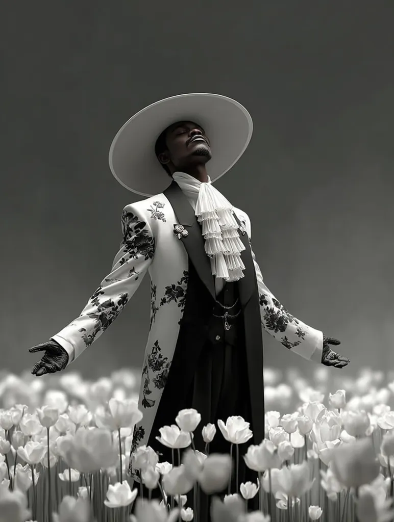 A Black man in a monochrome, floral-patterned coat and wide-brimmed hat stands in a field of white tulips.  His arms are outstretched, head tilted back, suggesting a feeling of serenity or contemplation. The image is stylized, with dramatic lighting and a monochromatic color palette enhancing the elegant aesthetic.  The overall mood is one of calm grandeur.