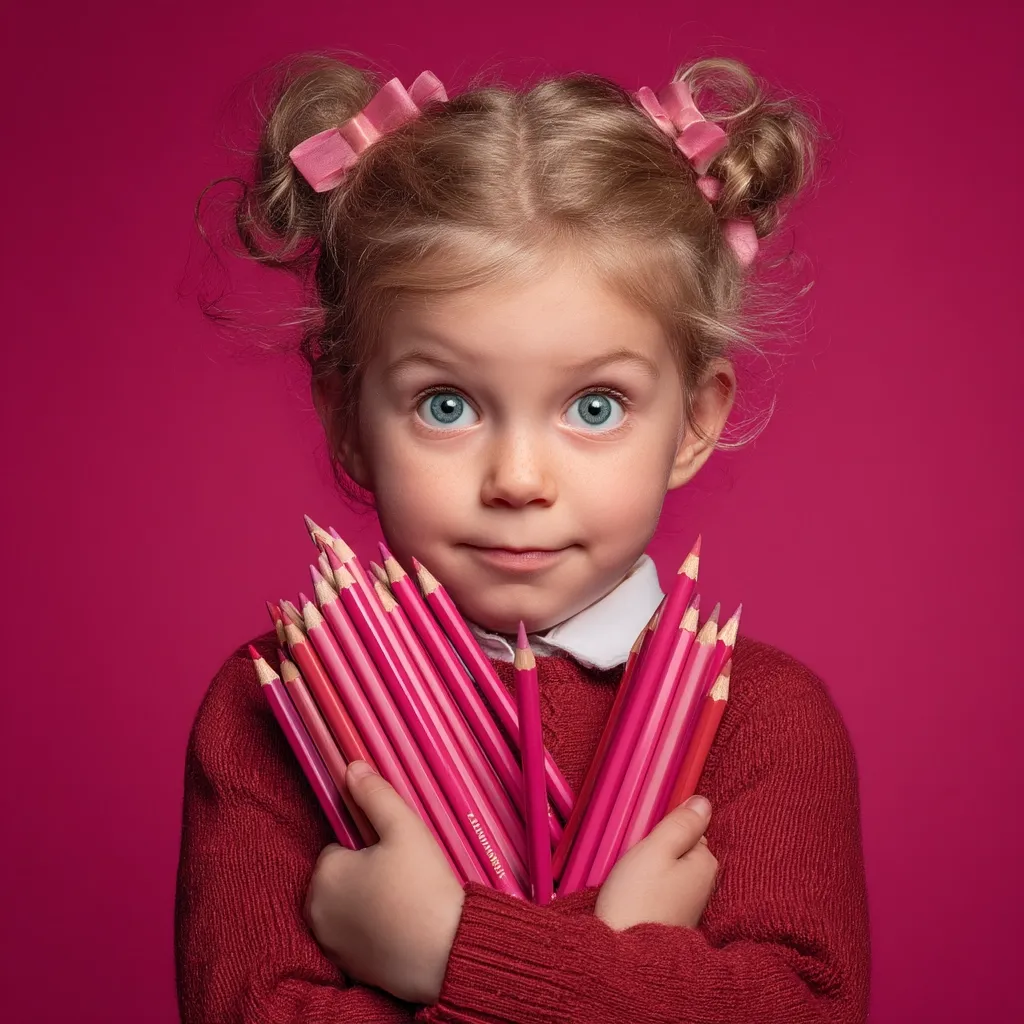 A young girl with blonde hair in pigtails adorned with pink bows holds a large bundle of pink colored pencils close to her chest.  She's wearing a maroon sweater and looks directly at the camera with a curious expression. The vibrant pink background complements her outfit and the pencils.