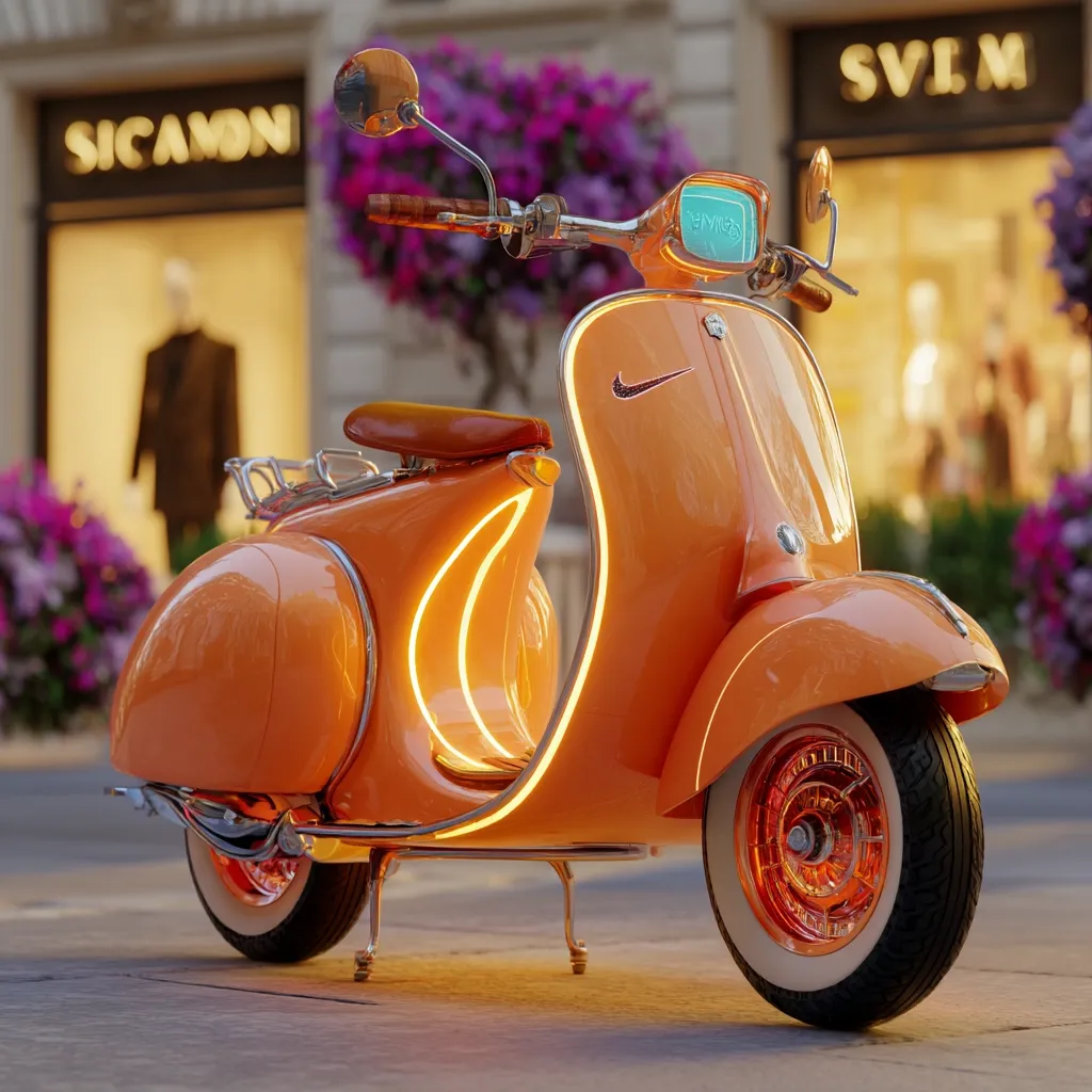 A vibrant orange Vespa-style scooter, adorned with a Nike swoosh, stands elegantly on a city street.  Glowing neon lines accentuate its curves. The backdrop features upscale storefronts and blooming flowers, enhancing the scooter's retro-modern aesthetic. The scooter's metallic details and polished wheels gleam under the soft light.