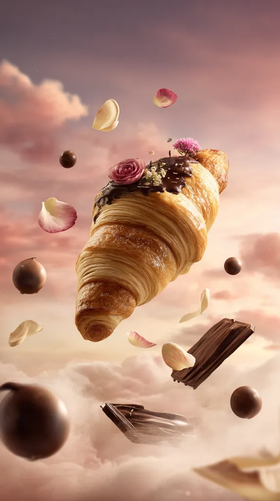 A chocolate-covered croissant, adorned with delicate pink flowers, floats amidst a dreamy, pastel sky.  Surrounding it are pieces of chocolate, rose petals, and small, round chocolates, creating a whimsical, surreal scene reminiscent of a delectable fantasy. The overall mood is light, airy, and romantic.