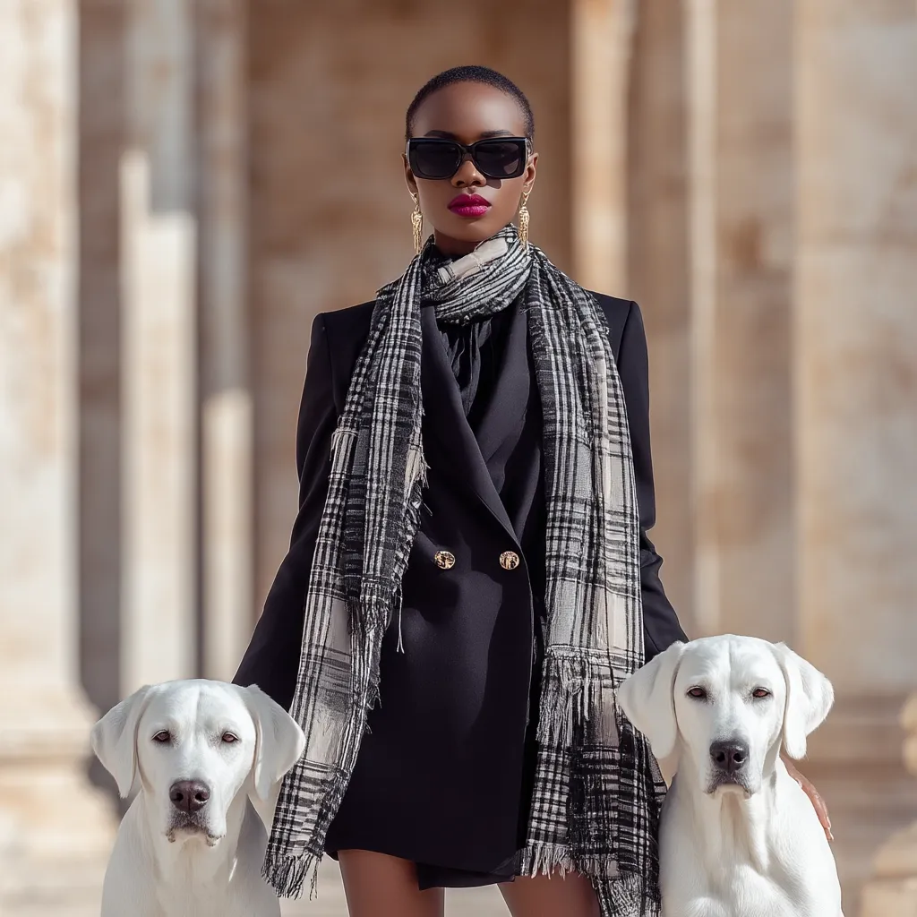 A stylish Black woman with short hair, wearing black sunglasses, a black blazer, and a black and white plaid scarf, stands confidently between two pristine white Labrador Retrievers.  The backdrop is a sunlit classical building, creating a striking contrast between the woman's modern attire and the ancient architecture.  She exudes elegance and power.