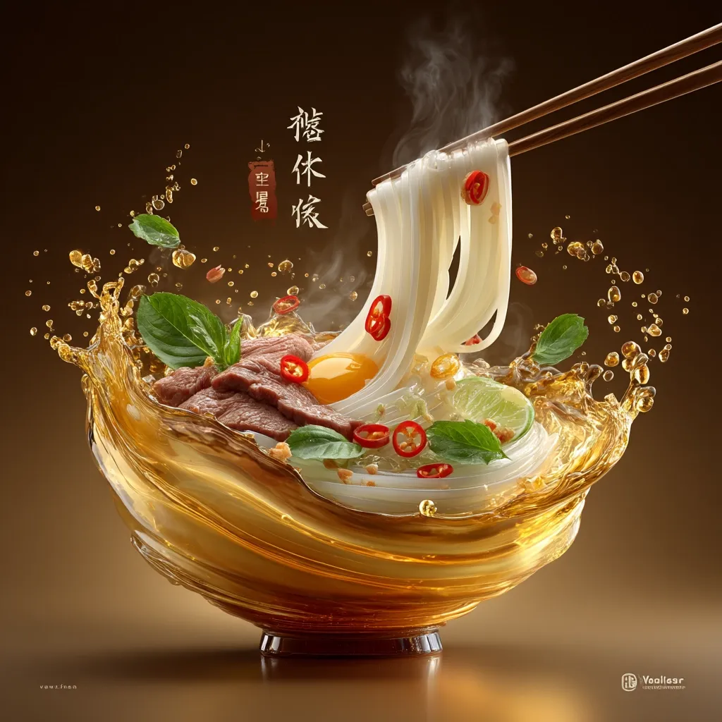 A vibrant image showcases a bowl of steaming pho, a Vietnamese noodle soup.  Chopsticks lift strands of translucent rice noodles from a rich, golden broth.  Slices of beef, a soft egg yolk, chili peppers, lime wedges, and fresh basil are visible within the splashing broth, creating a dynamic and appetizing presentation.  The overall aesthetic is sleek and modern, highlighting the dish's delicious ingredients.