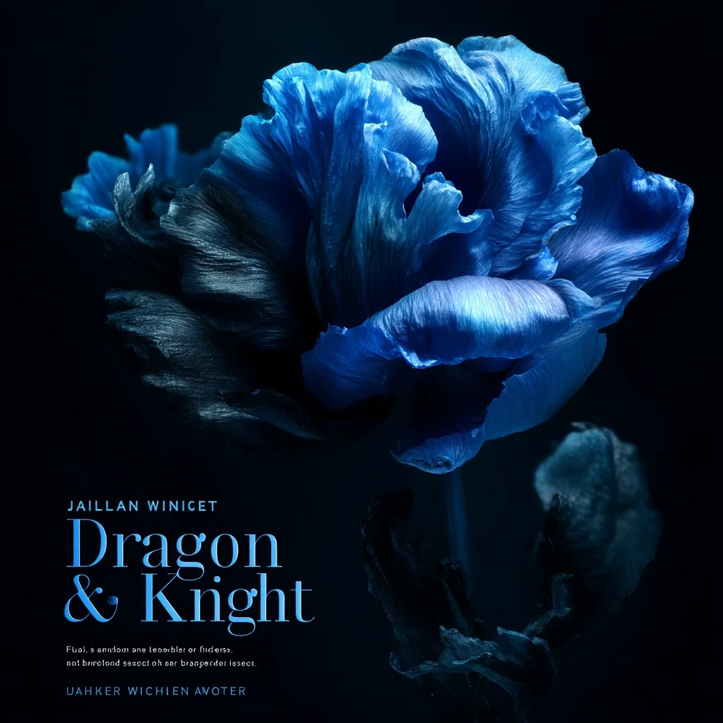A striking book cover features a vibrant, dark blue flower, dramatically lit against a black background.  The title, "Dragon & Knight," is elegantly displayed in a serif font.  Author names, Jaillan Winicet and Uahker Wichjen Avoter, are subtly placed at the top and bottom.  The overall aesthetic is dark, moody, and mysterious, hinting at a fantasy genre.