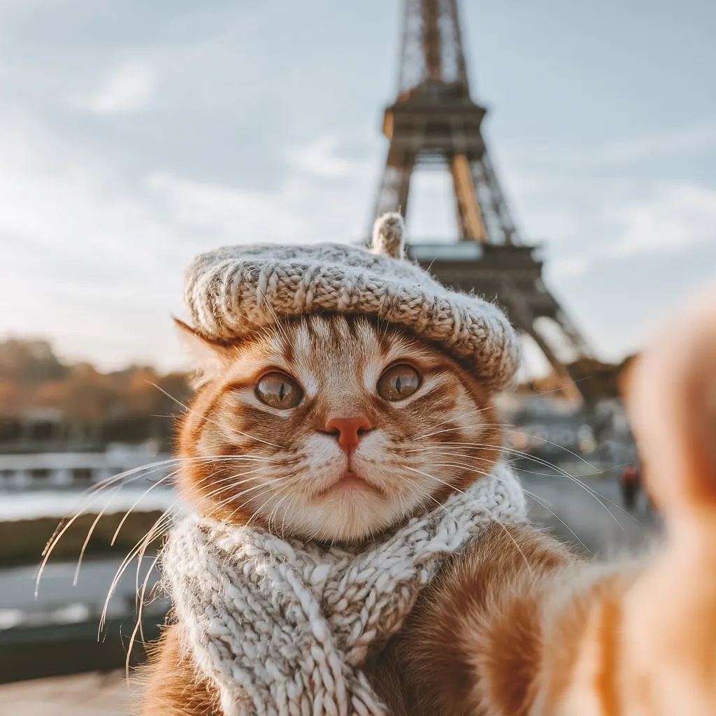 An orange tabby cat, dressed in a stylish light gray knitted beret and scarf, takes a selfie in front of the Eiffel Tower. The cat's expression is one of calm curiosity, its large eyes fixed on the camera.  The Parisian backdrop is softly blurred, emphasizing the feline subject in its charming attire. The overall image evokes a sense of Parisian chic and playful charm.
