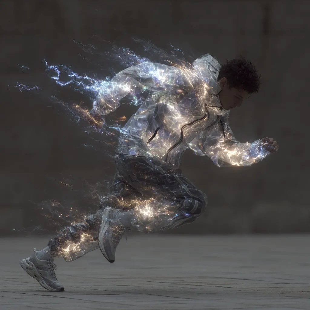 A stylized image depicts a person in motion, appearing as if energy or lightning courses through their body.  They are running, clad in a light-colored jacket and pants, with glowing trails emanating from their form.  The background is a muted gray, emphasizing the vibrant energy surrounding the runner. The overall effect is dynamic and suggests speed and power.