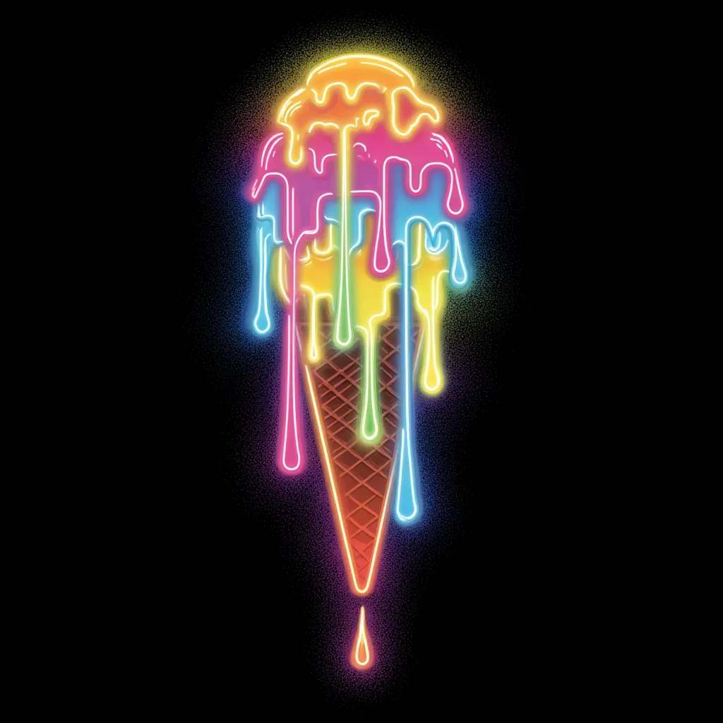 A vibrant neon-style illustration depicts a melting ice cream cone against a black background.  The cone is filled with multicolored scoops of ice cream in shades of yellow, pink, and blue, with the melted drips extending downward. The design is bright and eye-catching, suggestive of a summer treat.  A textured effect adds depth to the image.