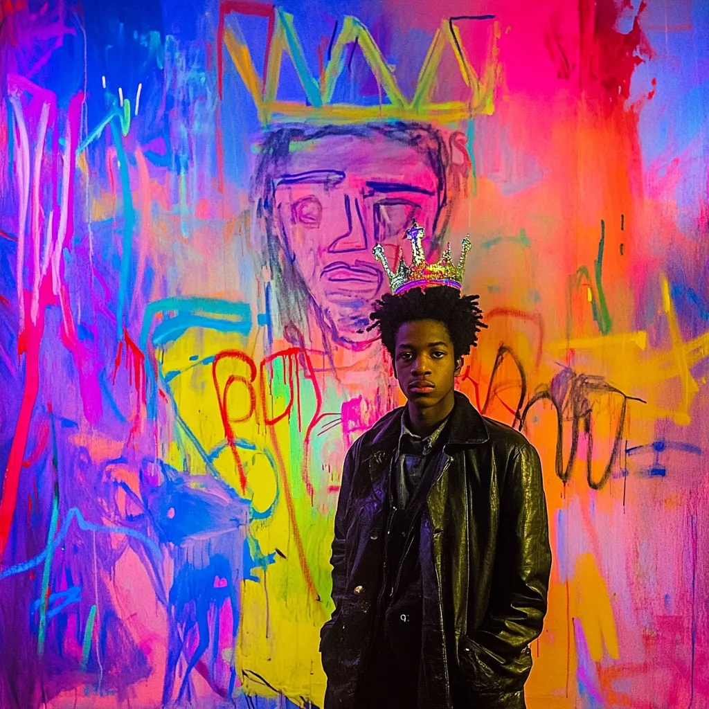 A young man, wearing a crown and a black leather jacket, stands before a vibrant, abstract painting.  The artwork features bold strokes of bright pink, blue, yellow, and orange, with an almost sketched-in face resembling a crowned figure. The overall scene is energetic and visually striking, contrasting the serious expression on the young man's face.  The image suggests themes of art, royalty, and self-expression.